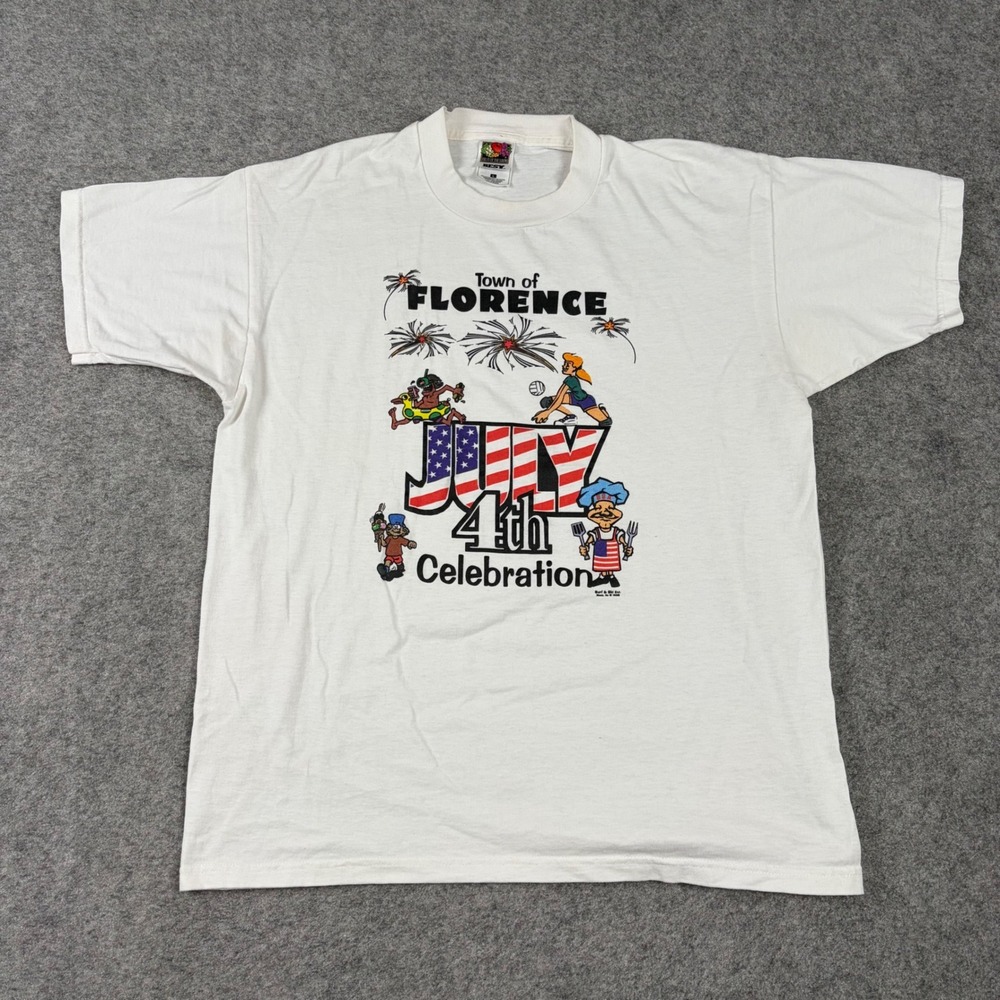 4th of July T-Shirt Mens Large White Vintage 90s Town of Florence Summer Party